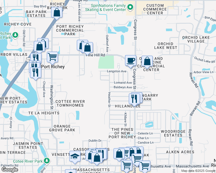 map of restaurants, bars, coffee shops, grocery stores, and more near 7707 Heather Street in New Port Richey