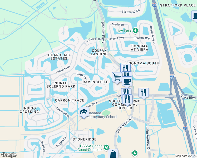 map of restaurants, bars, coffee shops, grocery stores, and more near 5313 Picardy Court in Rockledge