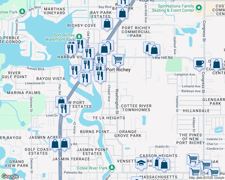 map of restaurants, bars, coffee shops, grocery stores, and more near 5701 Regis Avenue in Port Richey