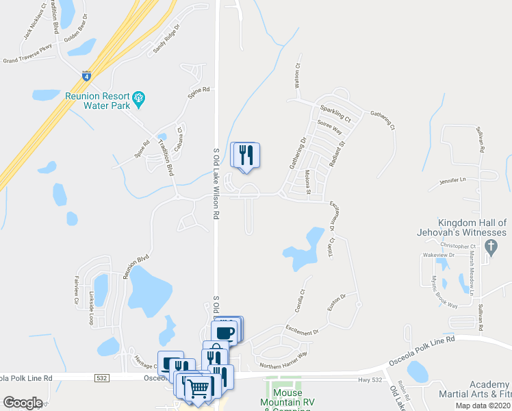 map of restaurants, bars, coffee shops, grocery stores, and more near 1307 Seven Eagles Court in Osceola County