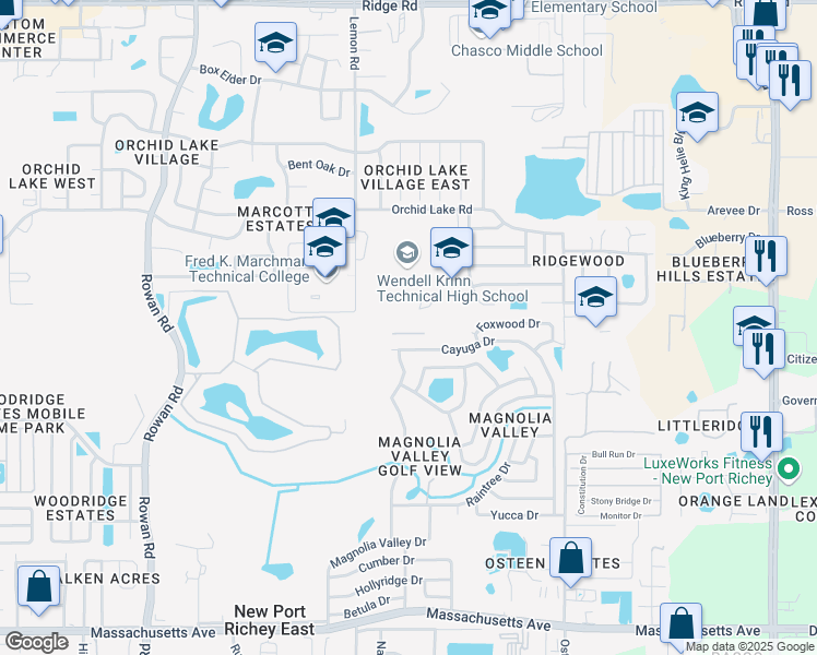 map of restaurants, bars, coffee shops, grocery stores, and more near 7825 Campus Drive in New Port Richey