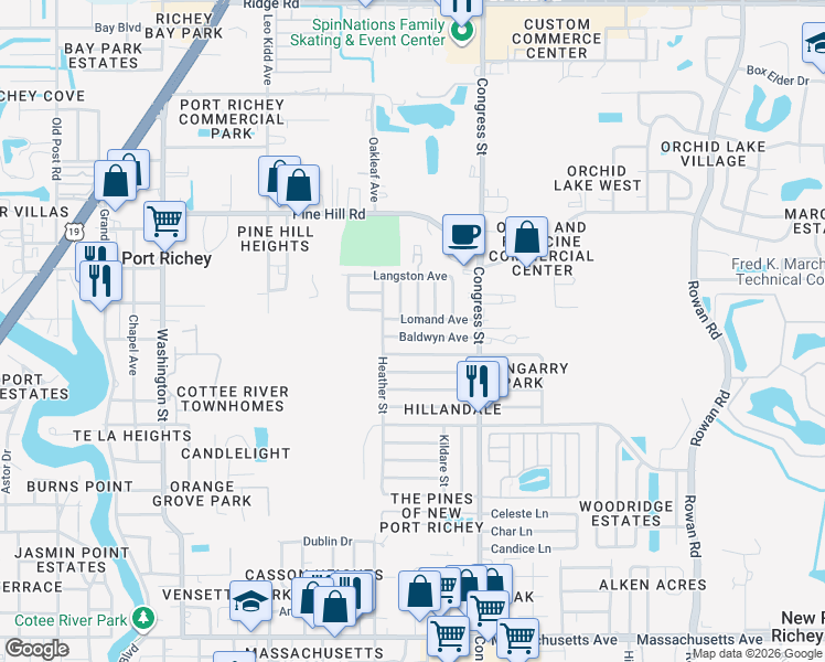 map of restaurants, bars, coffee shops, grocery stores, and more near 6325 Baldwyn Avenue in New Port Richey