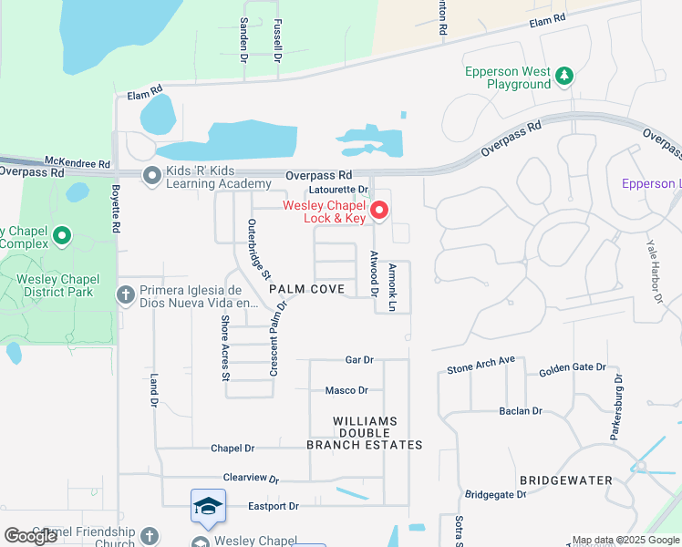 map of restaurants, bars, coffee shops, grocery stores, and more near 30623 Norseman Place in Wesley Chapel