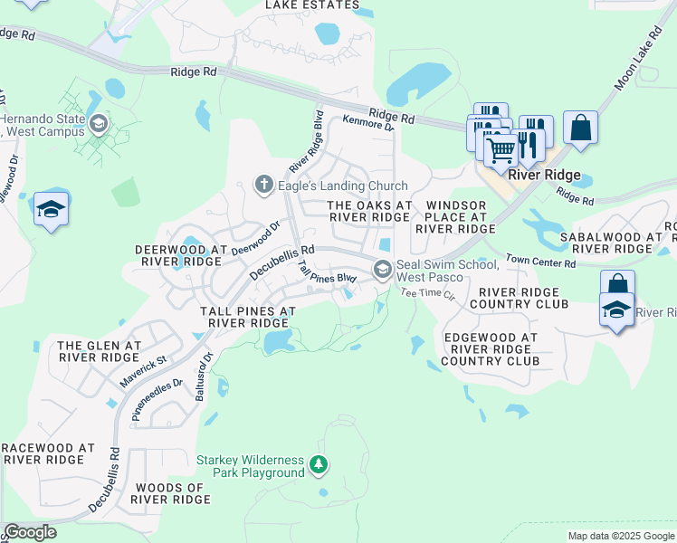 map of restaurants, bars, coffee shops, grocery stores, and more near 10852 Brookhaven Drive in New Port Richey