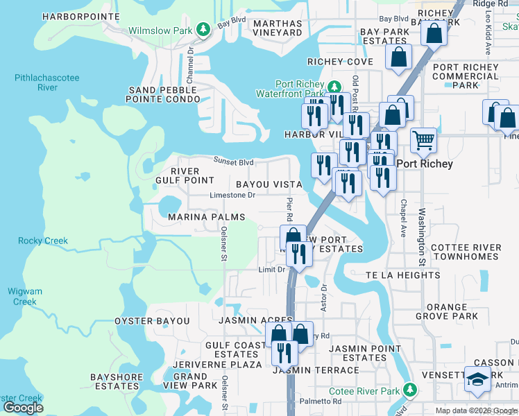 map of restaurants, bars, coffee shops, grocery stores, and more near 5123 Mallett Drive in Port Richey