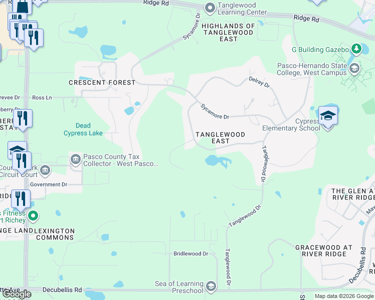 map of restaurants, bars, coffee shops, grocery stores, and more near 7746 Mokena Court in New Port Richey