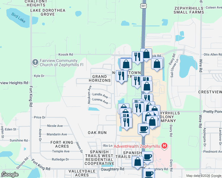 map of restaurants, bars, coffee shops, grocery stores, and more near 7645 Green Slope Drive in Zephyrhills