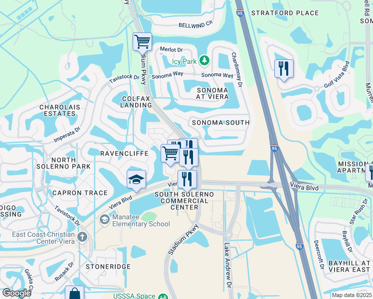 map of restaurants, bars, coffee shops, grocery stores, and more near 5360 Stadium Parkway in Rockledge