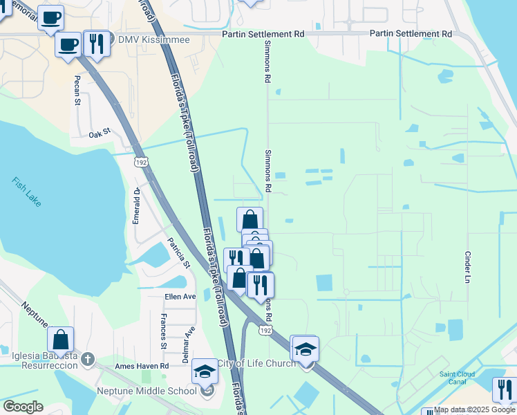 map of restaurants, bars, coffee shops, grocery stores, and more near 1348 Simmons Road in Kissimmee