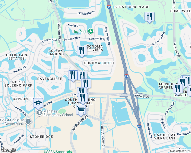 map of restaurants, bars, coffee shops, grocery stores, and more near 4050 Chardonnay Drive in Rockledge