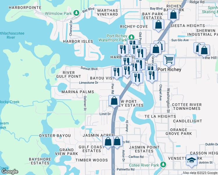 map of restaurants, bars, coffee shops, grocery stores, and more near 7653 Pier Road in Port Richey