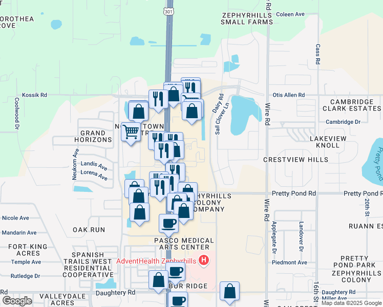 map of restaurants, bars, coffee shops, grocery stores, and more near Latta Roundabout in Zephyrhills