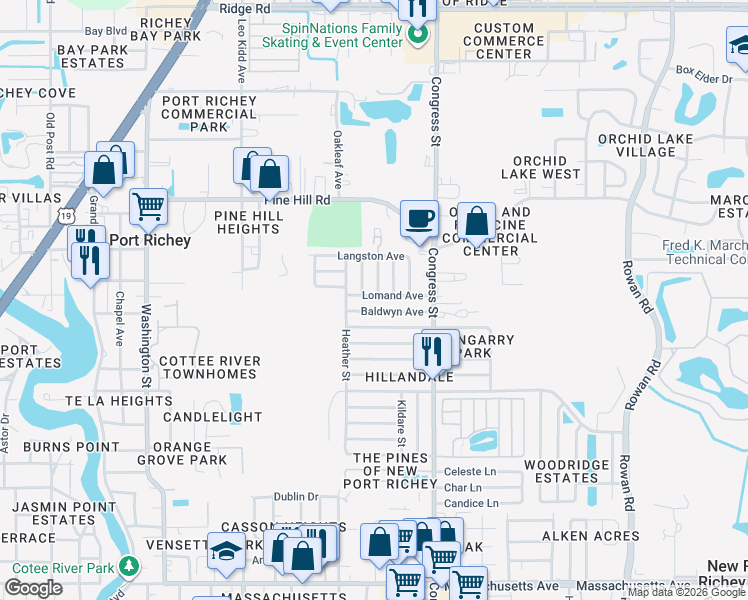 map of restaurants, bars, coffee shops, grocery stores, and more near 6325 Baldwyn Avenue in New Port Richey