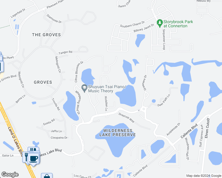 map of restaurants, bars, coffee shops, grocery stores, and more near 7752 Blue Spring Drive in Land O' Lakes