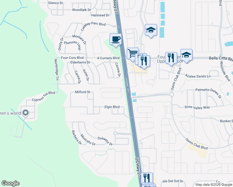 map of restaurants, bars, coffee shops, grocery stores, and more near 131 Old Bridge Circle in Davenport