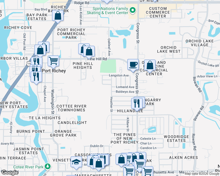 map of restaurants, bars, coffee shops, grocery stores, and more near 7707 Heather Street in New Port Richey