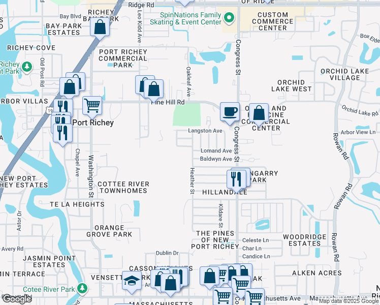 map of restaurants, bars, coffee shops, grocery stores, and more near 7707 Heather Street in New Port Richey