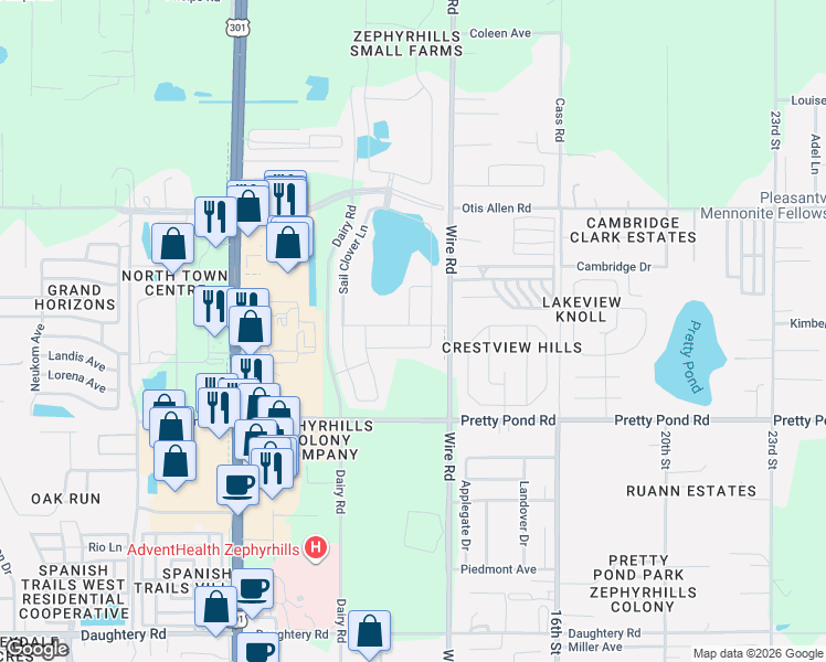 map of restaurants, bars, coffee shops, grocery stores, and more near 7939 Wire Road in Zephyrhills