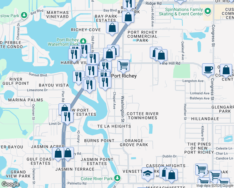 map of restaurants, bars, coffee shops, grocery stores, and more near 5701 Regis Avenue in Port Richey