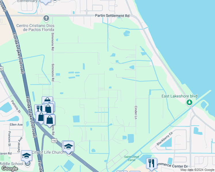 map of restaurants, bars, coffee shops, grocery stores, and more near 2907 Sharp Road in Kissimmee