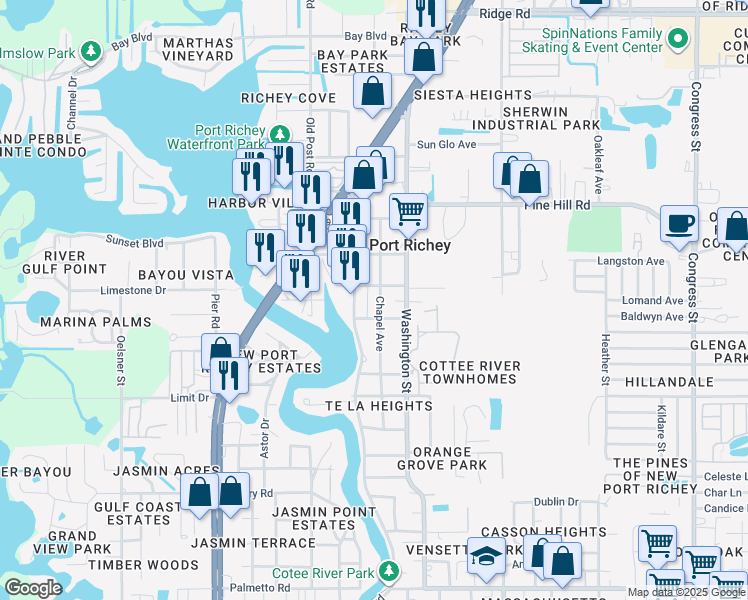 map of restaurants, bars, coffee shops, grocery stores, and more near 5701 Regis Avenue in Port Richey