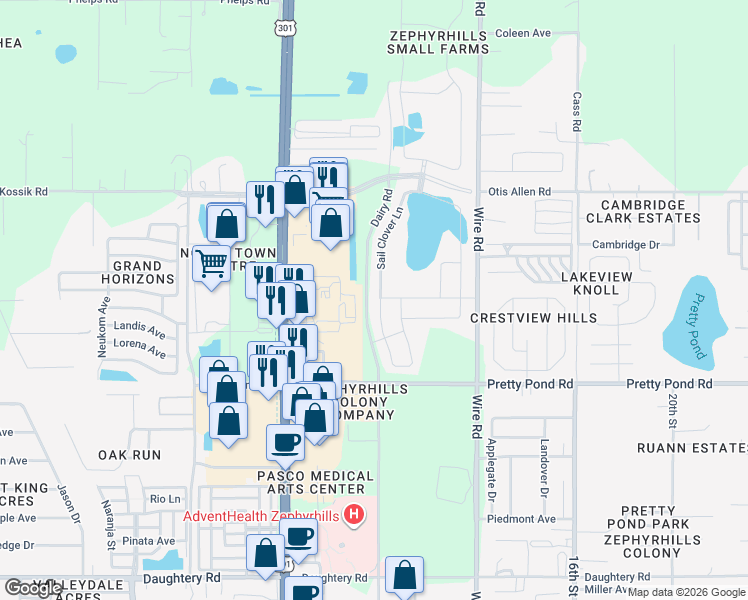 map of restaurants, bars, coffee shops, grocery stores, and more near 7721 Sail Clover Lane in Zephyrhills