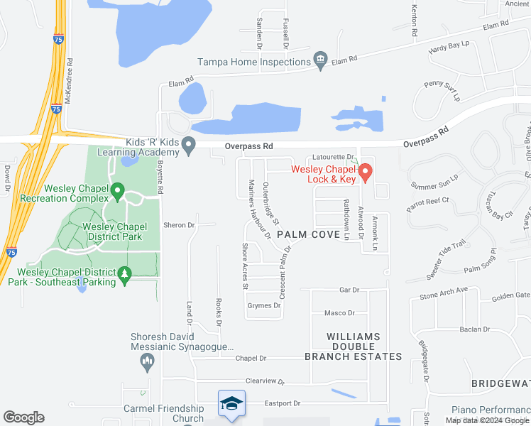 map of restaurants, bars, coffee shops, grocery stores, and more near 7721 Outerbridge Street in Wesley Chapel