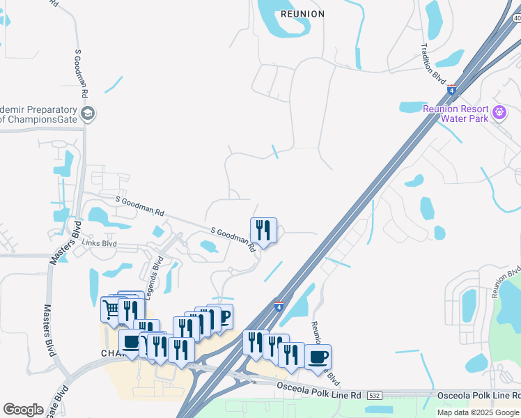 map of restaurants, bars, coffee shops, grocery stores, and more near 1361 Tuscana Lane in Davenport