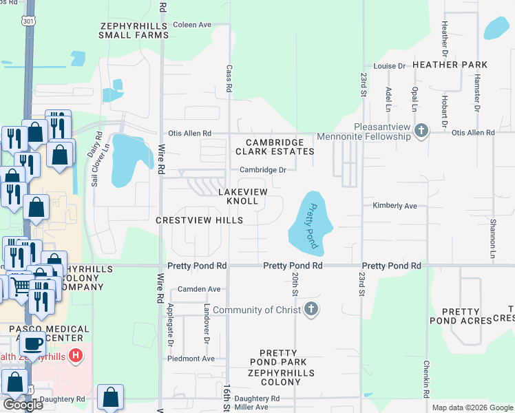 map of restaurants, bars, coffee shops, grocery stores, and more near 7717 Arms Drive in Zephyrhills
