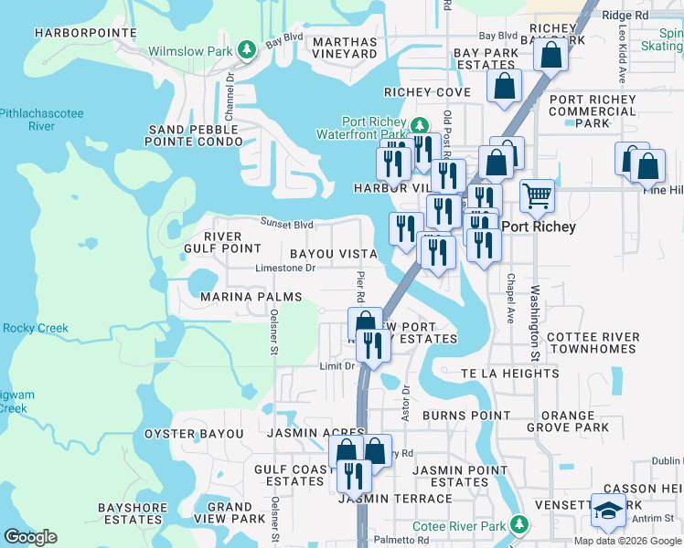 map of restaurants, bars, coffee shops, grocery stores, and more near 7653 Pier Road in Port Richey