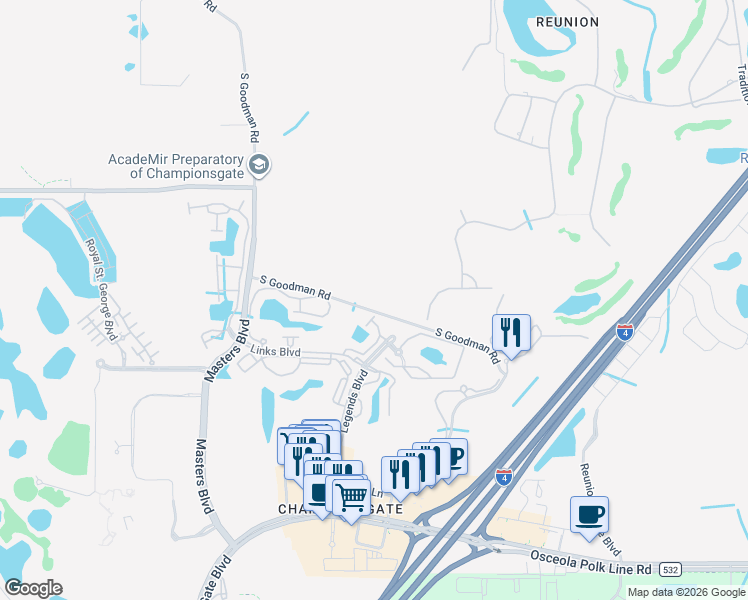 map of restaurants, bars, coffee shops, grocery stores, and more near 1313 Gilford Point Lane in Davenport