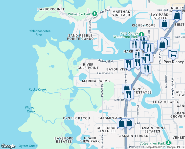 map of restaurants, bars, coffee shops, grocery stores, and more near 7808 Wilmar Court in Port Richey
