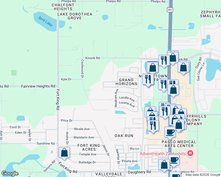 map of restaurants, bars, coffee shops, grocery stores, and more near 37436 Lilly Bea Avenue in Zephyrhills