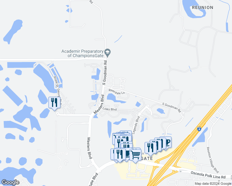 map of restaurants, bars, coffee shops, grocery stores, and more near 8363 Riverdale Lane in Kissimmee