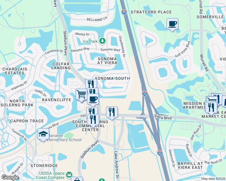 map of restaurants, bars, coffee shops, grocery stores, and more near 2917 Mondavi Drive in Rockledge