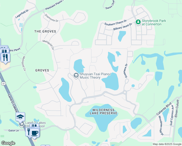 map of restaurants, bars, coffee shops, grocery stores, and more near 7701 Blue Spring Drive in Land O' Lakes