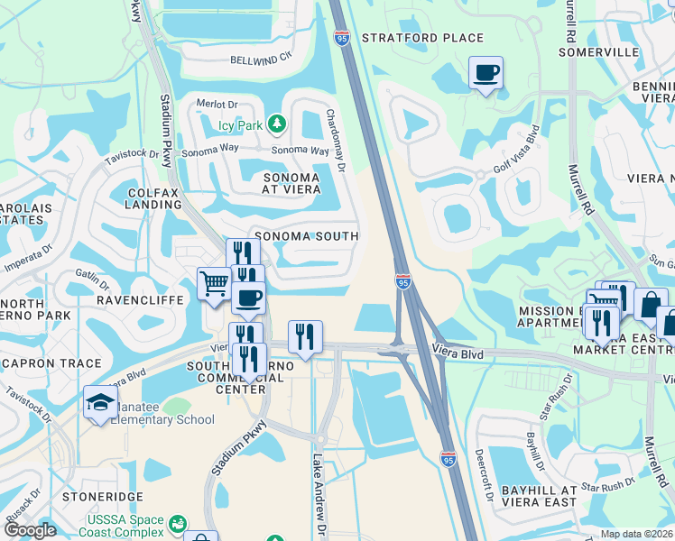 map of restaurants, bars, coffee shops, grocery stores, and more near 2827 Mondavi Drive in Rockledge