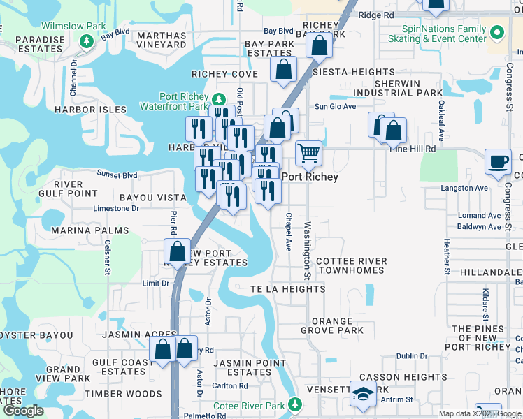 map of restaurants, bars, coffee shops, grocery stores, and more near 7803 Grand Boulevard in Port Richey