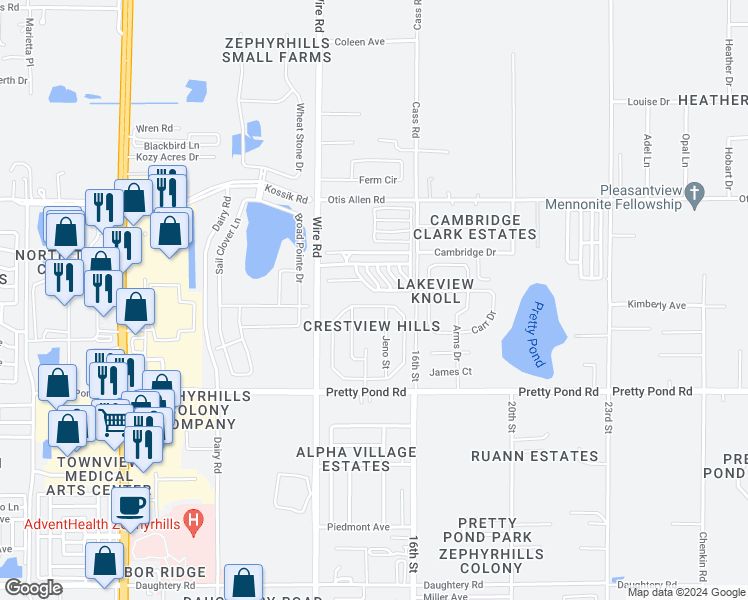 map of restaurants, bars, coffee shops, grocery stores, and more near 7801 Merchantville Circle in Zephyrhills