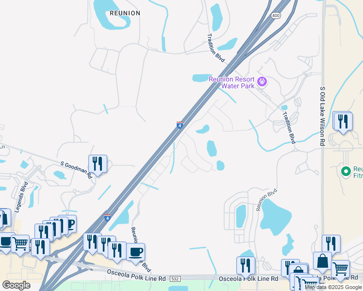 map of restaurants, bars, coffee shops, grocery stores, and more near Highway 400 in Kissimmee