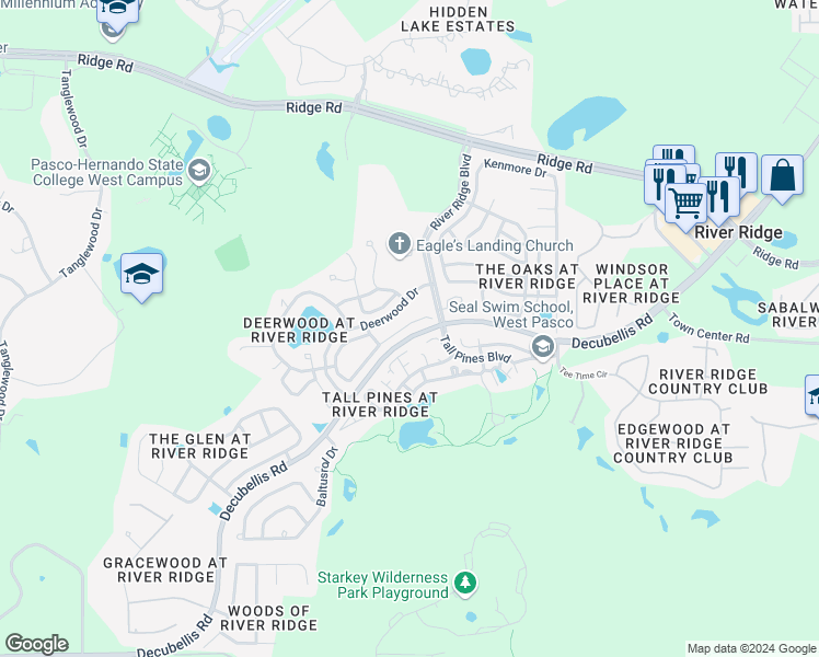 map of restaurants, bars, coffee shops, grocery stores, and more near 10702 Magrath Lane in New Port Richey