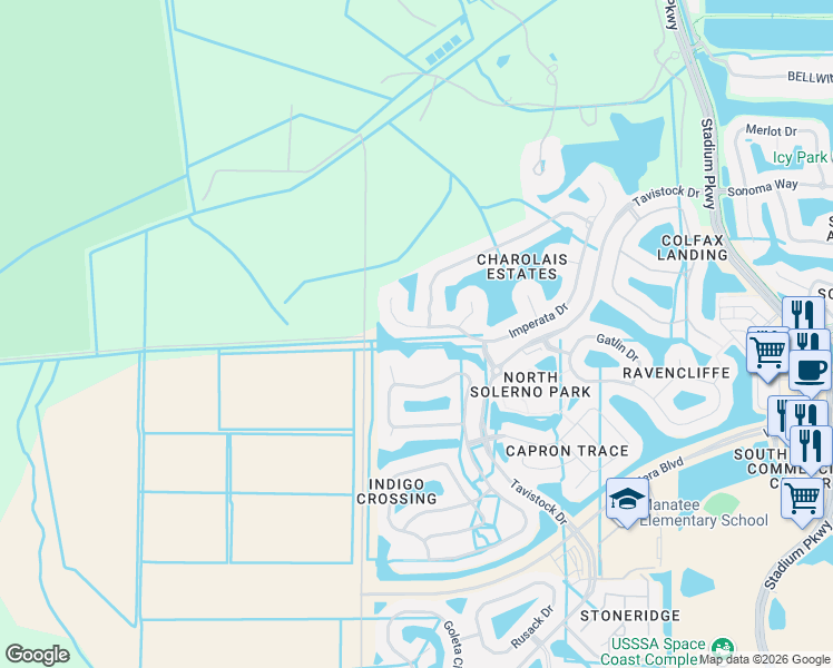 map of restaurants, bars, coffee shops, grocery stores, and more near 3739 Imperata Drive in Rockledge