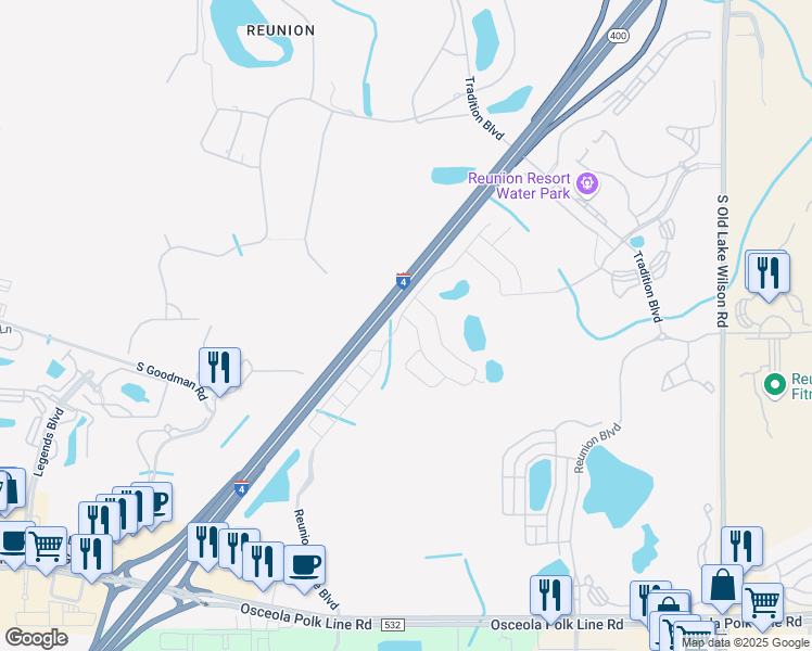 map of restaurants, bars, coffee shops, grocery stores, and more near Highway 400 in Kissimmee