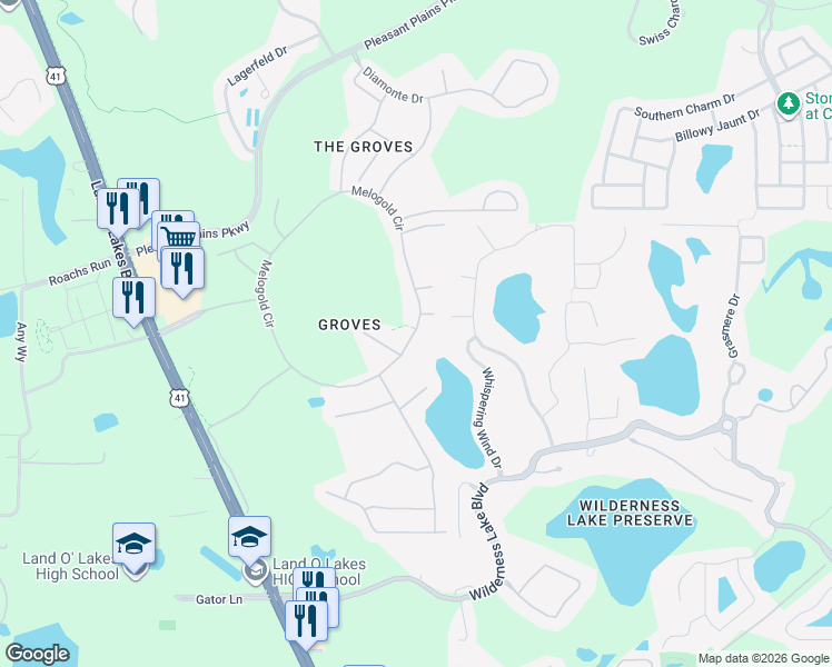 map of restaurants, bars, coffee shops, grocery stores, and more near 7302 Melogold Circle in Land O' Lakes