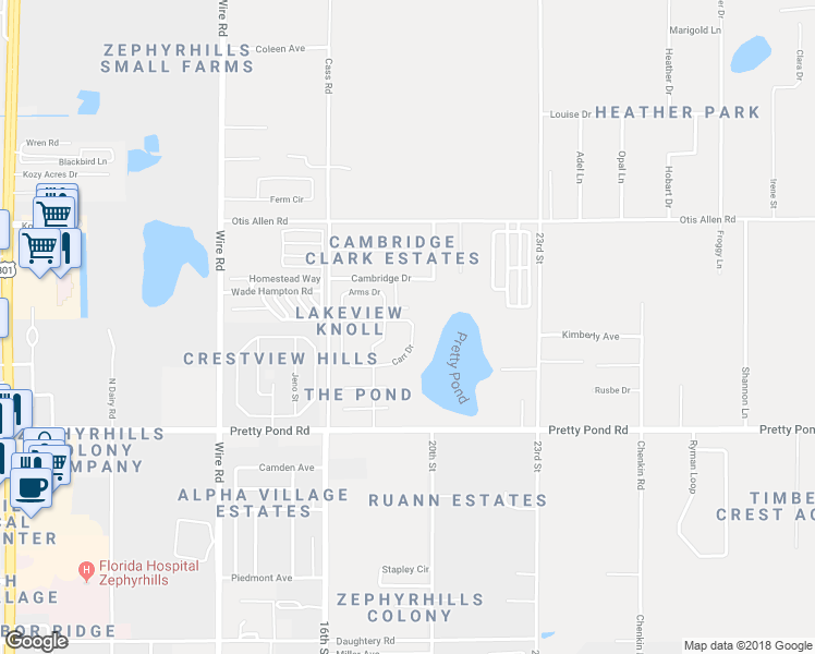 map of restaurants, bars, coffee shops, grocery stores, and more near 38933 Carr Drive in Zephyrhills