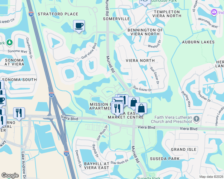 map of restaurants, bars, coffee shops, grocery stores, and more near 4 Long Iron Drive in Rockledge