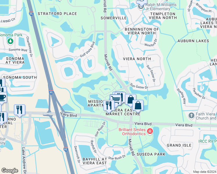 map of restaurants, bars, coffee shops, grocery stores, and more near 4 Long Iron Drive in Rockledge