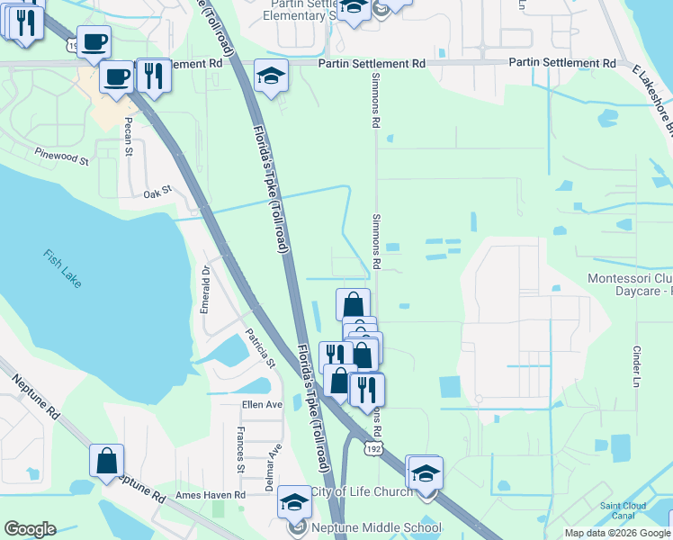 map of restaurants, bars, coffee shops, grocery stores, and more near 1350 Simmons Road in Kissimmee