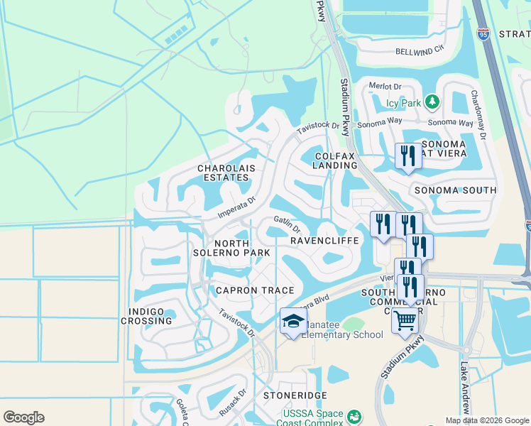 map of restaurants, bars, coffee shops, grocery stores, and more near 5199 Ravencliffe Way in Rockledge