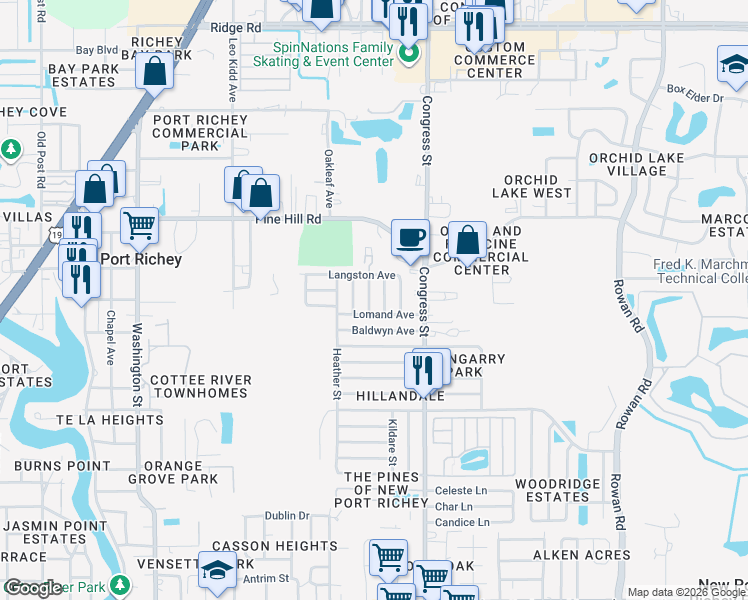 map of restaurants, bars, coffee shops, grocery stores, and more near 7807 Waterford Street in New Port Richey